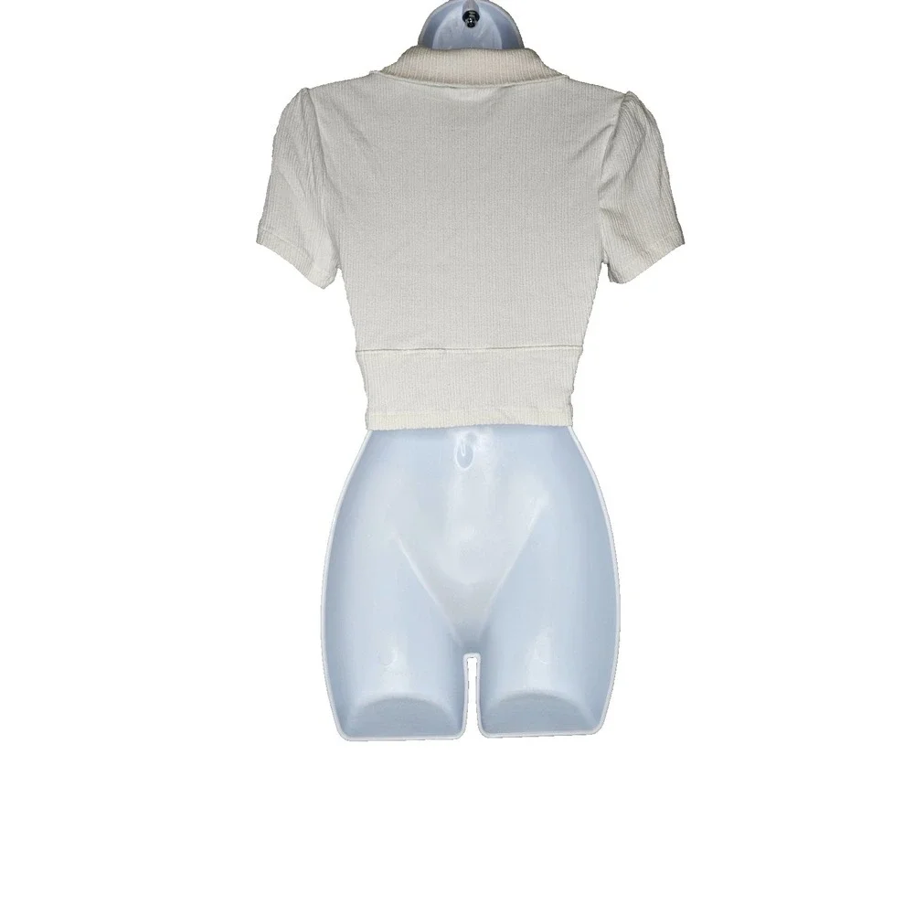 Free People‎ Ivory Ribbed Crop Top Short Sleeve Collared SP Boho Cottagecore